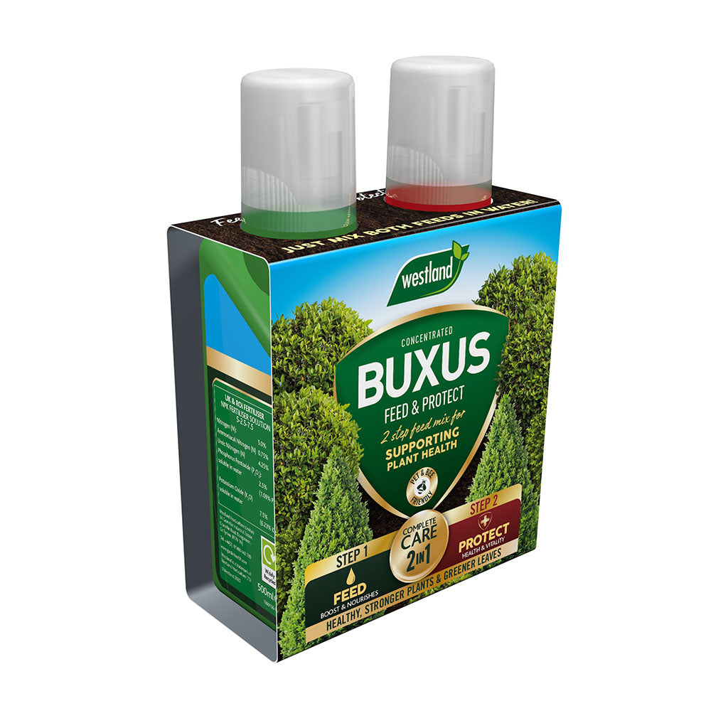 The Westland Buxus Feed & Protect 2 x 500ml contains two bottles. Step 1, with the green cap, is the Buxus Feed that enhances healthier and greener foliage, while Step 2 features a red cap and contains the protection concentrate.