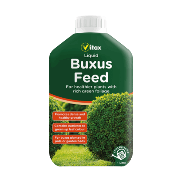 A green bottle labeled Buxus Feed Liquid - 1 Litre promotes healthier Buxus plants and richer foliage. It's packed with nutrients for dense growth and greener leaves, making it ideal for pots or garden beds.