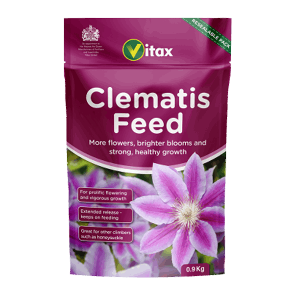 The Clematis Feed - 900g comes in a purple bag with clematis flowers and is infused with natural nutrients ideal for the flowering and growth of climbing plants.