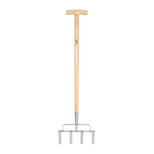 The Lawn Aerator - Stainless Steel features four stainless steel prongs and a wooden handle, making it perfect for efficient soil penetration.