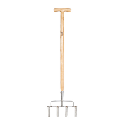 The Lawn Aerator - Stainless Steel features four stainless steel prongs and a wooden handle, making it perfect for efficient soil penetration.