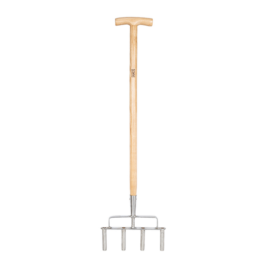 The Lawn Aerator - Stainless Steel features four stainless steel prongs and a wooden handle, making it perfect for efficient soil penetration.