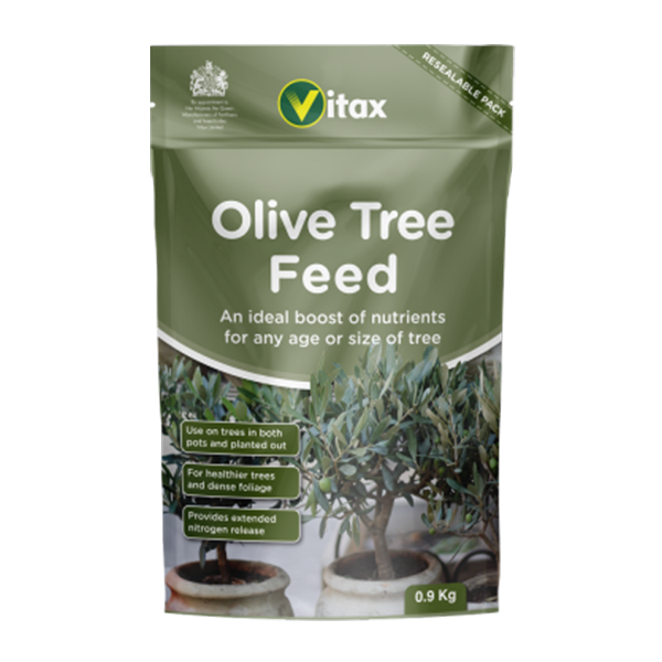 A green bag of Olive Tree Feed - 900g, designed as an organic-based nourishment for potted or planted trees, encourages healthy foliage with its long-lasting nitrogen release.