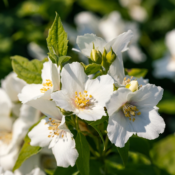 A close-up of fragrant jasmine-like flowers with yellow centers and green leaves basking in sunlight evokes the charm of Philadelphus Belle Étoile - Mock Orange.