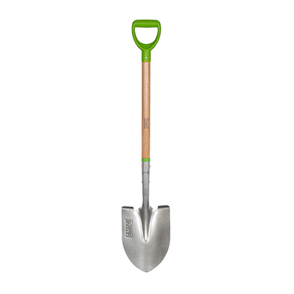 The Pointed Shovel - Carbon Steel comes equipped with a robust carbon steel blade, paired with a wooden shaft and an ergonomic D-shaped green handle to enhance grip. It is designed with comfort step foot treads to ensure ease of use in all your gardening activities.