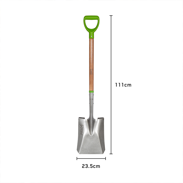 The Square Mouth Shovel - Carbon Steel is designed with an ergonomic, green handle and a wooden shaft, measuring 111 cm in height and 23.5 cm in width.