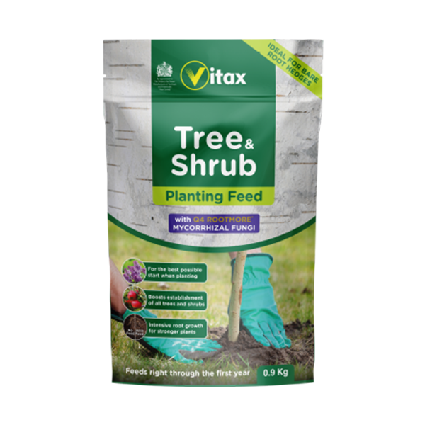 The Tree & Shrub Planting Feed - 900g bag is accompanied by blue gloves and enriched with RootMore mycorrhizal fungi to enhance root development, making it ideal for nurturing bare root plants.