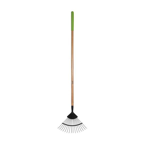 Introducing the Wire Leaf Rake - Carbon Steel, complete with a metal-fan design and a durable FSC certified ash wood handle finished with a green grip. This rake comes with a 15-year guarantee and is displayed against a white background.