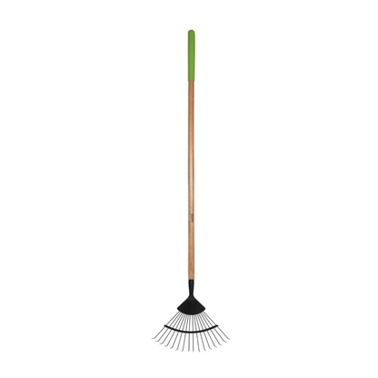 Introducing the Wire Leaf Rake - Carbon Steel, complete with a metal-fan design and a durable FSC certified ash wood handle finished with a green grip. This rake comes with a 15-year guarantee and is displayed against a white background.