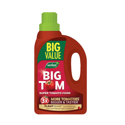 Westland Big Tom Super Tomato Food 2L bottle with a green cap, enriched with seaweed and designed to produce bigger and tastier tomatoes using PlantSense Technology.