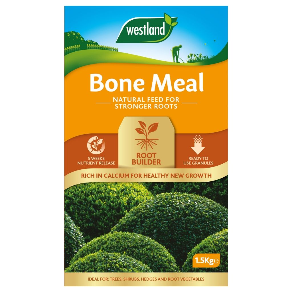 Packaged as Westland Bonemeal 1.5Kg, this natural plant feed highlights features such as Root Builder, a high calcium content, and extended soil nutrient release for up to 5 weeks. It is ideal for enhancing root growth in trees, shrubs, and root vegetables.