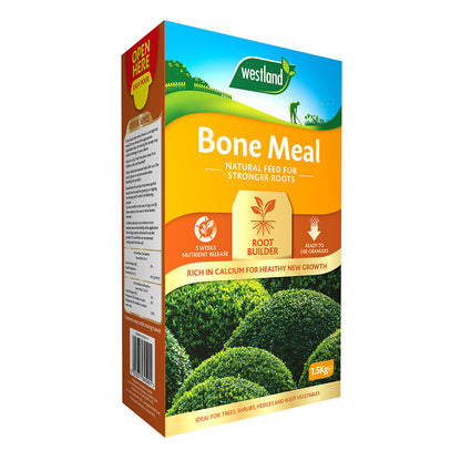 1.5kg package of Westland Bonemeal, featuring details on its natural feed advantages for enhancing root growth and releasing soil nutrients, perfect for trees, shrubs, and hedges.