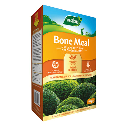 The Westland Bonemeal 4Kg package, with its green landscape design, is marketed as a natural feed to enhance root strength, boasting high calcium and phosphorus content.