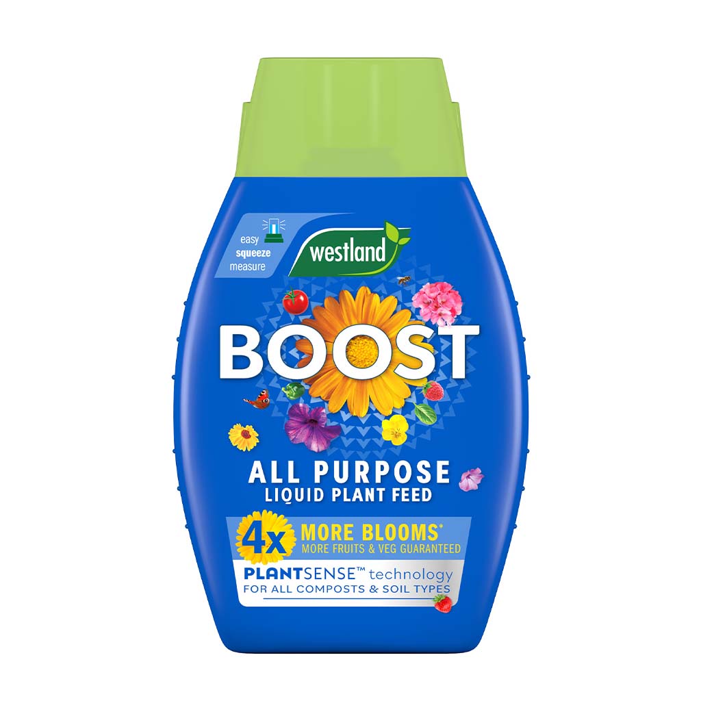 The Westland Boost All Purpose Liquid Plant Food 1L features a blue bottle adorned with an eye-catching sunflower and text that promises four times the blooms, utilising PlantSense Technology. Enriched with seaweed for healthy growth, this product is formulated to help nurture your plants to their fullest potential.