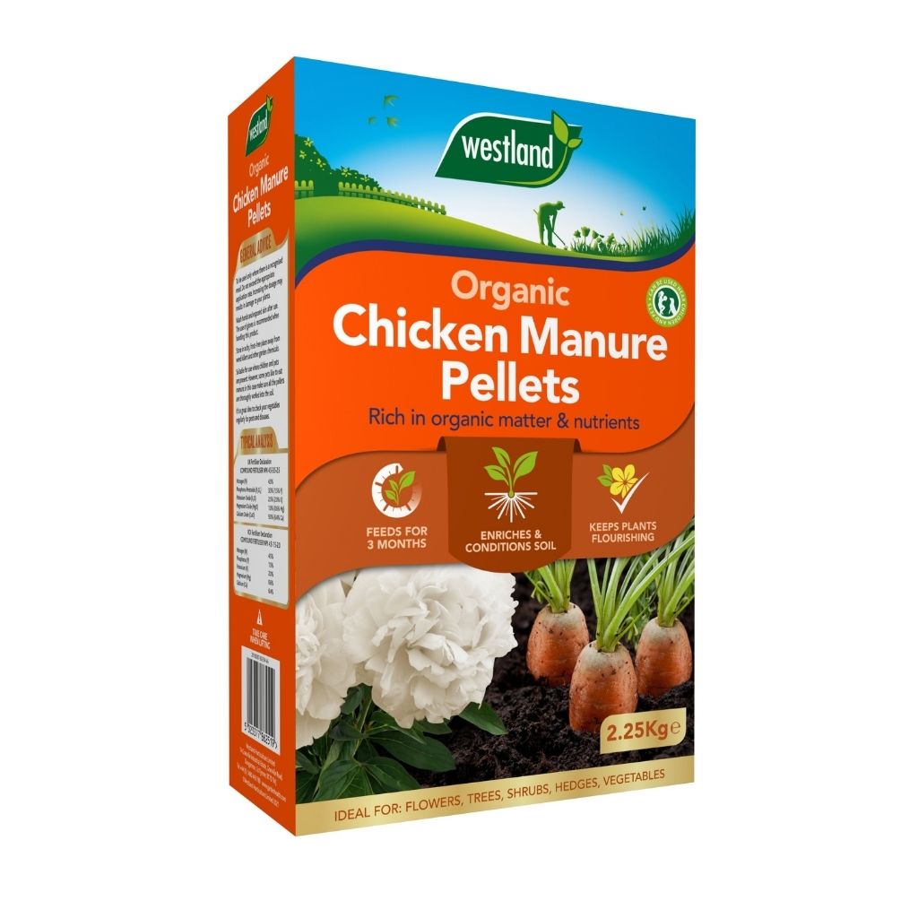 A 2.25Kg box of Westland Chicken Manure Pellets offers numerous benefits for plants, such as soil enrichment and a feeding duration of three months. This natural fertiliser is ideal for sustainably improving your garden.