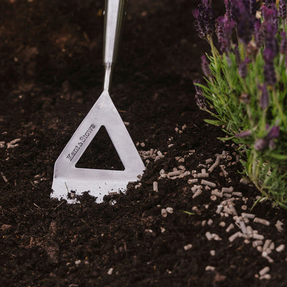 A gardening tool is partially inserted into soil enriched with Westland Chicken Manure Pellets 2.25Kg near a lavender plant, surrounded by scattered small pellets.