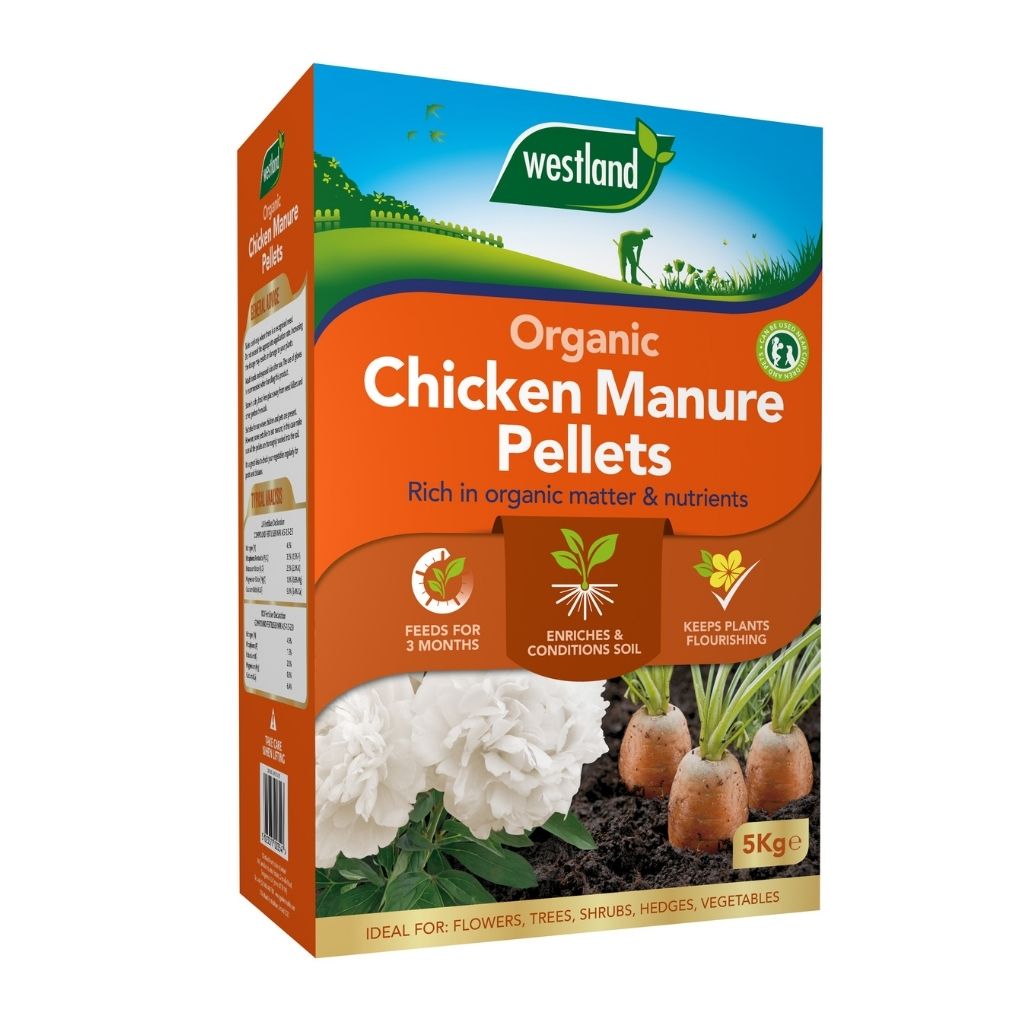 5kg package of Westland Chicken Manure Pellets, an organic fertiliser designed to enrich soil and enhance plant growth, suitable for flowers, trees, shrubs, hedges, and vegetables.