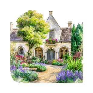 A charming cottage surrounded by a lush garden with blooming flowers and green shrubs on a sunny day.