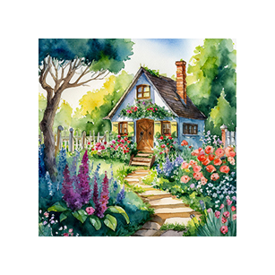 A quaint cottage with a sloped roof is surrounded by a lush garden of colorful flowers and a white picket fence. A stone path leads to the wooden front door.