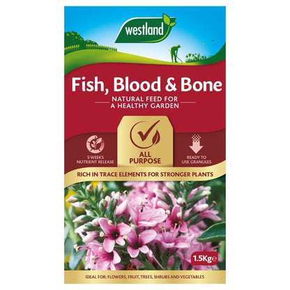 The Westland Fish, Blood & Bone 1.5Kg garden feed comes in a bag featuring an image of pink flowers. It is enriched with natural nutrients, including phosphorus, providing benefits like nutrient release and suitability for a variety of plants.