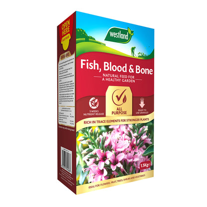 The Westland Fish, Blood & Bone 1.5Kg box enhances your garden with vital phosphorus to support strong plant growth. Adorned with a floral image and showcasing key product benefits, it's an ideal choice for promoting healthy plants.