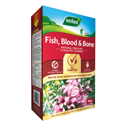 A 4kg box of Westland Fish, Blood & Bone 4Kg natural plant feed is perfect for garden use, emphasising benefits such as nutrient release and root growth support. This all-purpose product also provides trace elements to boost plant strength.