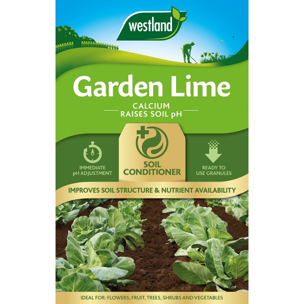 The packaging of Westland Garden Lime 4Kg highlights its capacity to lower soil acidity using calcium for fast pH correction. With convenient ready-to-use granules, it's an ideal soil conditioner. The image shows lush green plants flourishing in nutrient-rich soil.