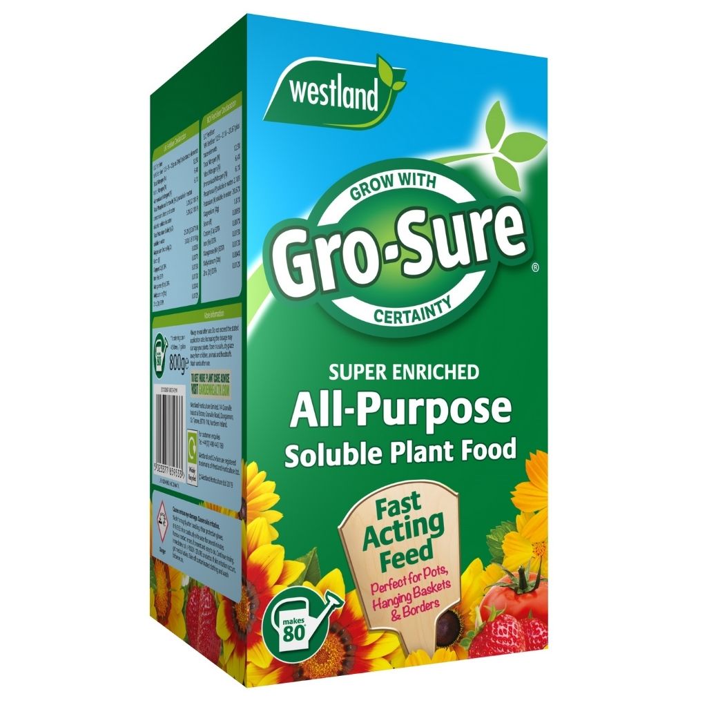 A box of Gro-Sure All Purpose Soluble Plant Food 800g, adorned with colorful images of flowers and fruit, emphasizes its Fast Acting Formula. Ideal for pots, hanging baskets, and borders, it provides Essential Nutrients for lush growth and abundant blooms.