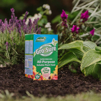 An 800g box of Gro-Sure All-Purpose Soluble Plant Food, enriched with essential nutrients, rests on the soil surrounded by vibrant plants and flowers. Its fast-acting formula promises lush growth and thriving gardens.