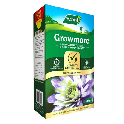 Box of Westland Growmore 1.5Kg general-purpose feed, featuring garden imagery, a yellow checkmark, and information about balanced plant nutrients and soil fertility. Contains 1.5 kg of granules to nourish your garden effectively.