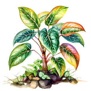 Illustration of a plant with multicolored leaves, emerging from soil surrounded by small stones and greenery.