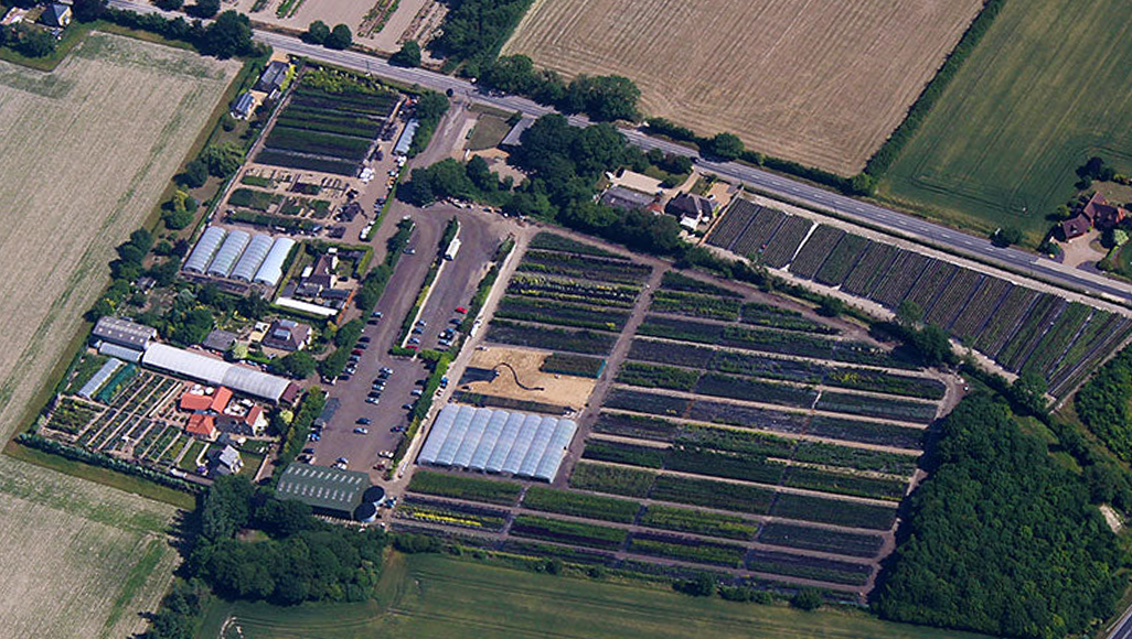 Aerial view of a large greenhouse and nursery complex surrounded by fields and trees.