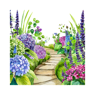 A stone pathway winds through a garden filled with lush green plants and colorful flowers, including purple, pink, and blue blossoms.