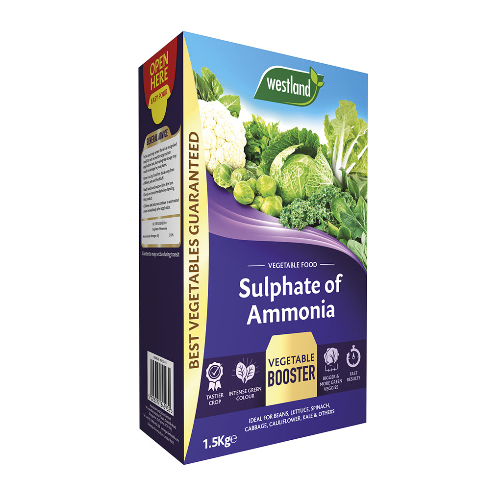 A 1.5kg box of Westland Sulphate of Ammonia, a vegetable booster fertiliser formulated to enhance lush foliage growth, features packaging with vibrant images of vegetables and essential product information, emphasising its rich nitrogen and sulphur blend for optimum plant development.