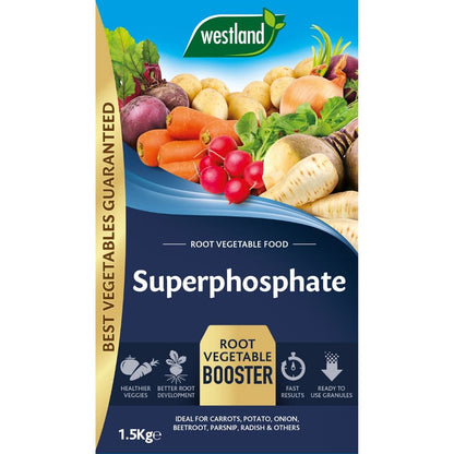 The Westland Superphosphate 1.5Kg enhances the growth of carrots, potatoes, onions, and more by promoting root development. This high-phosphorus granular feed delivers fast results and healthier vegetables.