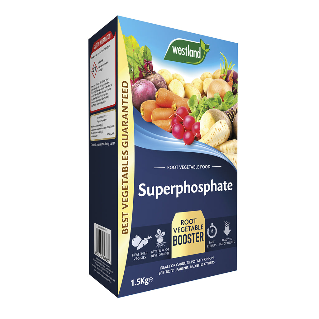 Box of Westland Superphosphate 1.5Kg root vegetable food, featuring a high phosphorus granular feed and colorful vegetables on the front.