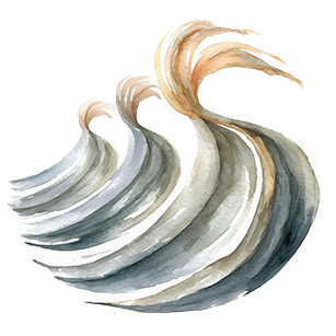 Abstract watercolor depicting three dynamic, curved wave-like shapes in shades of gray, beige, and peach on a white background.